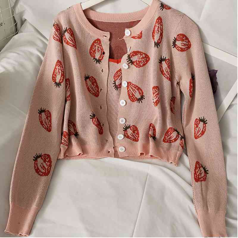 Kimutomo Strawberry Print Suit Single Breasted Long Sleeve Cardigan + Slimming Short Sling Two Piece Set Korean Women Fashion 210521