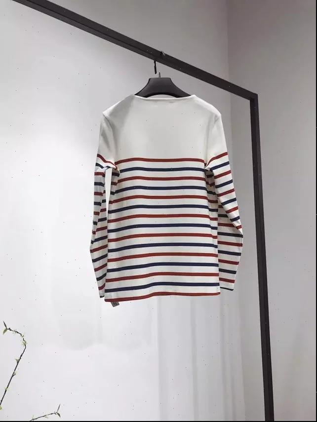 autumn cotton long sleeve retro women striped metal shoulder button tee ladies casual vintage tshirts, White 
autumn cotton long sleeve retro women striped metal shoulder button tee ladies casual vintage tshirts, White