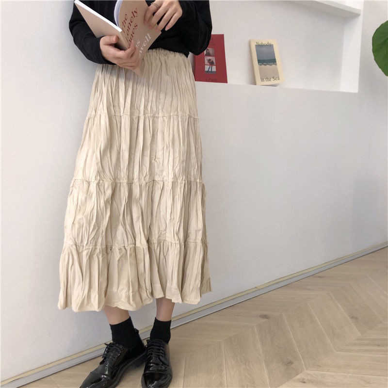 Women Vintage Velvet Long Pleated Skirt Korean Style Ladies Elastic Midi High Waist Black Skirt Spring Harajuku Gothic Clothes 210619wtt
