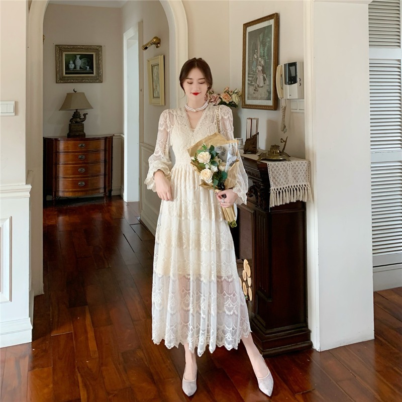 French Vintage Dress Women Casual Long Sleeve Lace Dress Korean Evening Party Retro Elegant Dress Female Autumn 210521