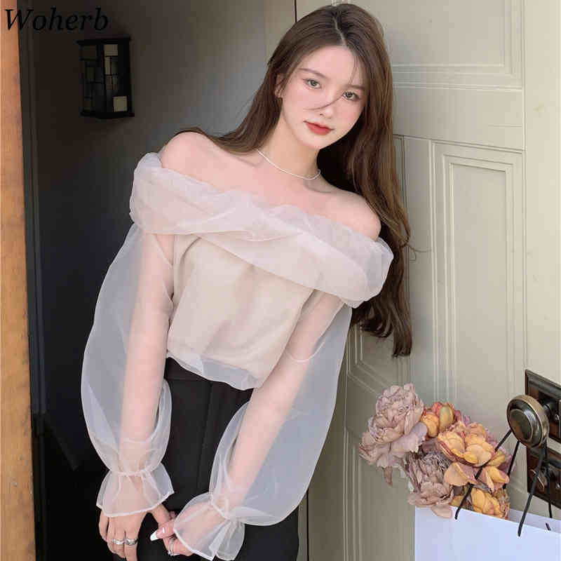 Romance Sweet Tops Blouses Sexy Off Shoulder Mesh Shirt Slim Femme Puff Sleeves Korean Chic Elegant Blusas 210519