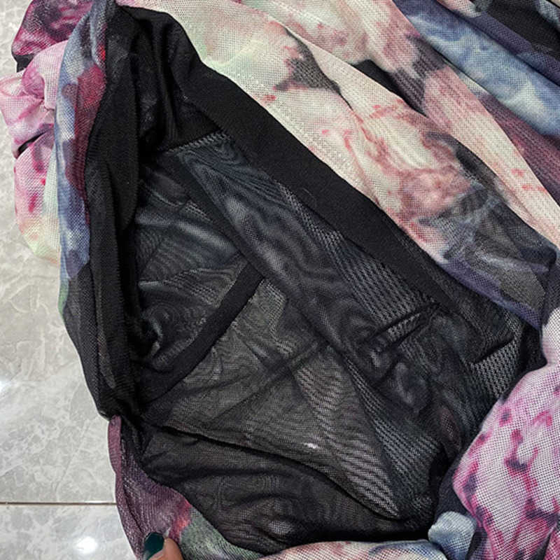 DEAT Spring Arrivals V-neck High Waist Long Sleeve Zipper Print Mesh Slim Buttocks Dress MZ496 210709