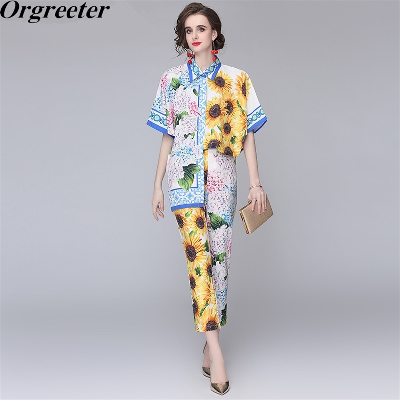 Arrival Sunflower Printted Fashion Short Sleeve Lapel Loose Long Shirt and Ankle-length Pencil Pants Two piece set Women 210602, Blue
Arrival Sunflower Printted Fashion Short Sleeve Lapel Loose Long Shirt and Ankle-length Pencil Pants Two piece set Women 210602, Blue