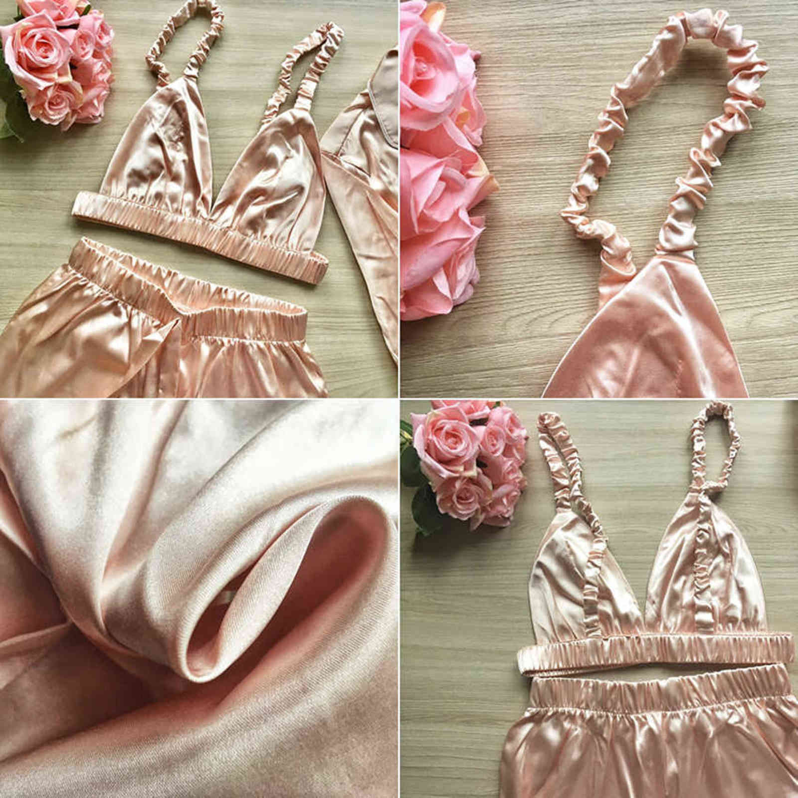 Fashion Solid Color Satin Robe Set With Bra Sexy Pajamas Set Female Home Suit For Women Pajama Spring Long Sleeve Sleepwear 211118
