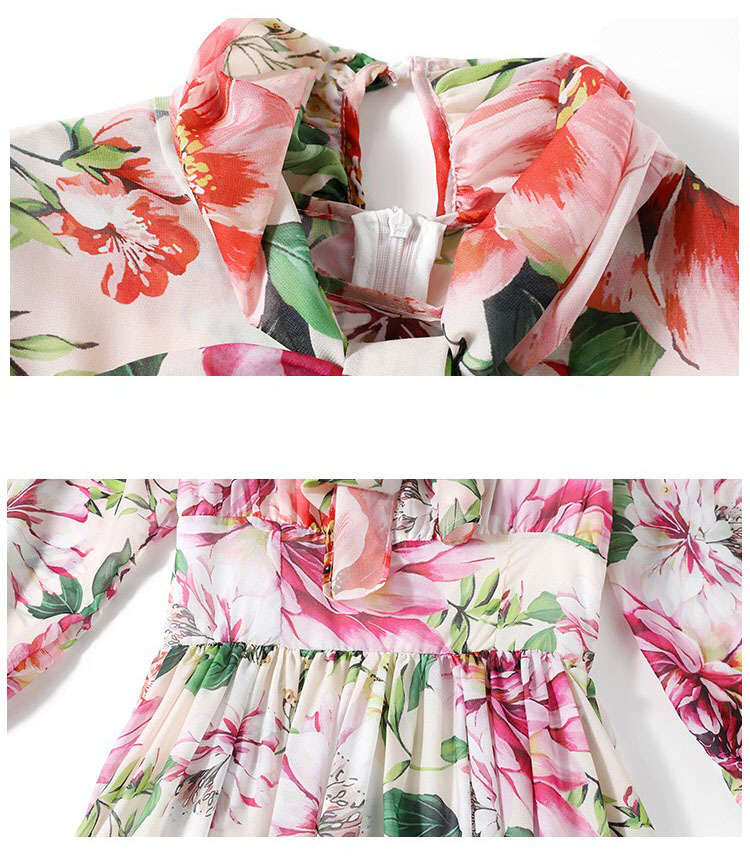 fashion Summer Vacation Runway Dress Women Bow Tie Floral Print Elegant Chiffon es Ladies Midi vestidos 210421