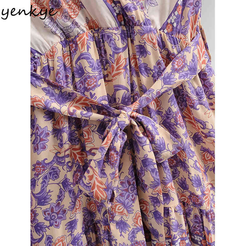 YENKYE Holiday Summer Casual Dress Women Vintage Floral Print Vestido Mujer Free Belt V Neck Short Sleeve Dress 210515