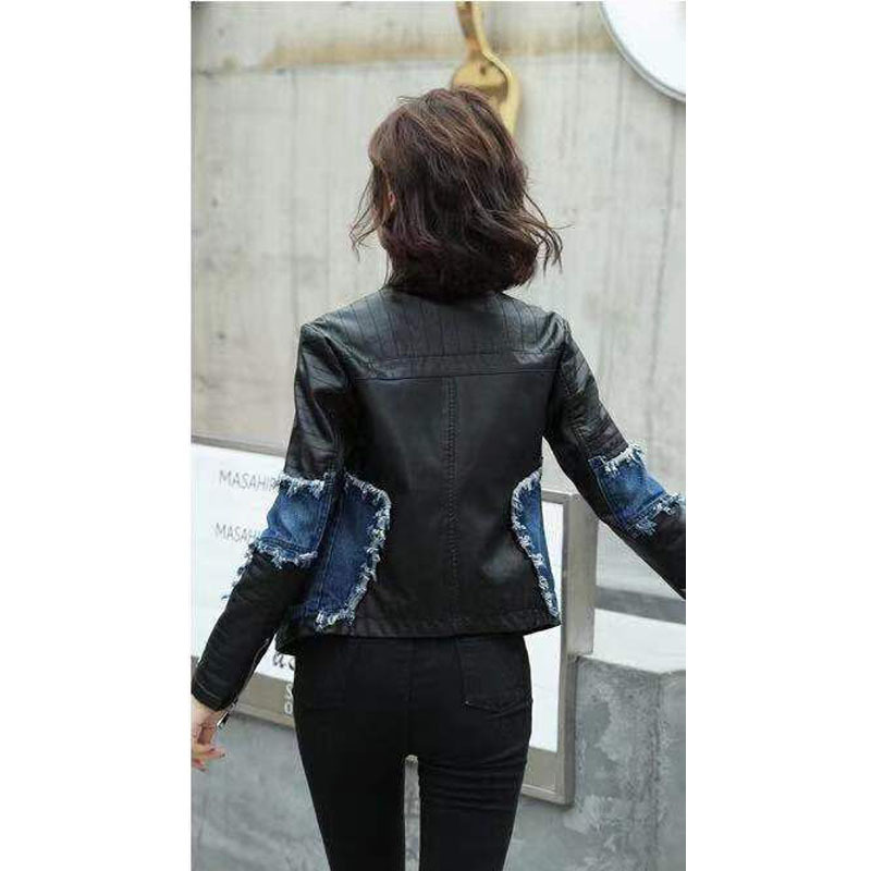 Women Stand Collar Long Sleeve Short Denim Stitching Leather Faux Jacket Coat Vintage Slim Locomotive Chic Female Tops 210507