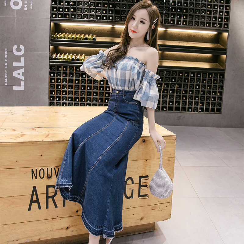 Summer Denim Skirt Women Mermaid Trumpet Long Ruffles Mid-calf Empire High Waist Jeans With Stretchy B02910B 210621