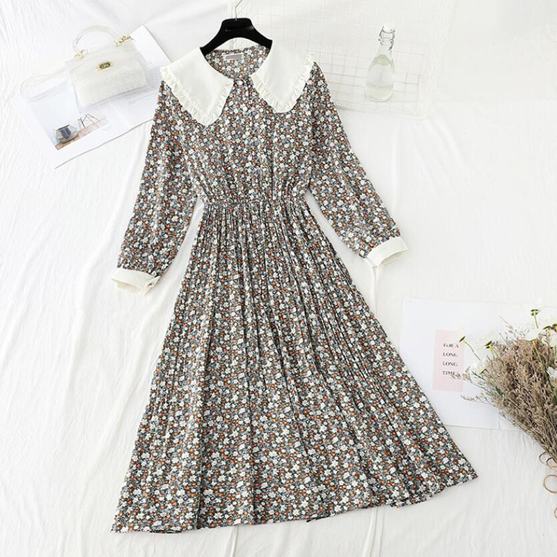Sweet Doll Collar Chiffon Dresses Spring Elastic High Waist Floral Print Mid-length Dress Elegant Slim Pleated Women Dress 210521