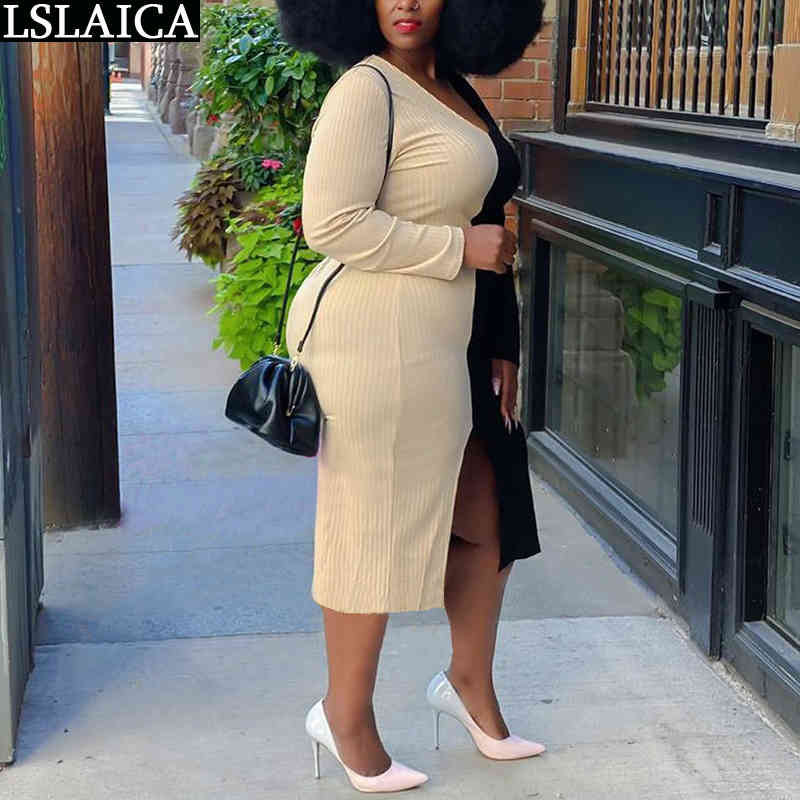 Plus Size Dresses for Women Fashion Long Sleeve V Neck Split Maxi Dress Color Matching Autumn Slim Office Lady Ropa Mujer 210515