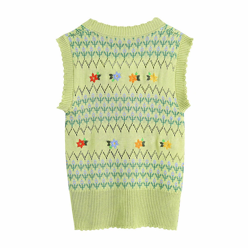 PUWD Sweet Women V Neck Single-breasted Vest Spring-autumn Fashion Ladies England Style Female Flower Knitted Top 210522