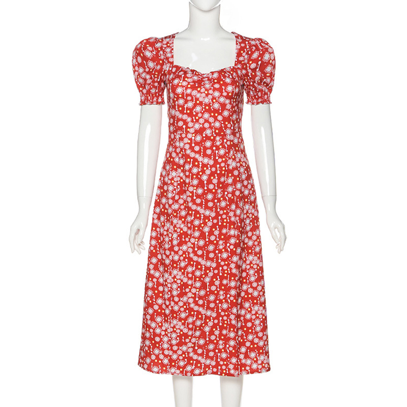 French Romance Retro Dress Women Floral Print Square Collar Dresses New Summer Ruffles Puff Sleeve Slim Split Midi Dress Vestido 210415