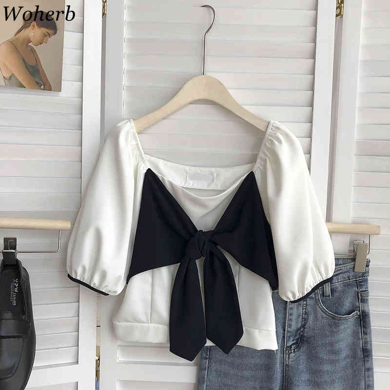 Sweet Bow Bandage Shirt Korean Women Square Collar Blouse Summer Puff Sleeve Crop Top Fashion Short Blusas Mujer 210519