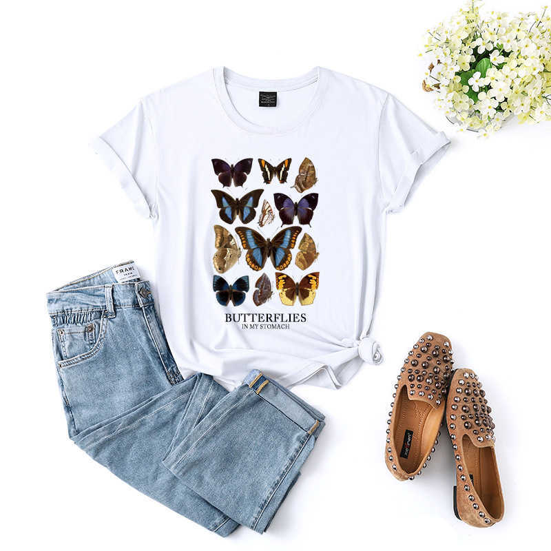 100% Cotton Fashion Butterfly Women T-Shirt Casual Loose O-Neck Short Sleeve Summer Streetwear Tees Top W733 210526