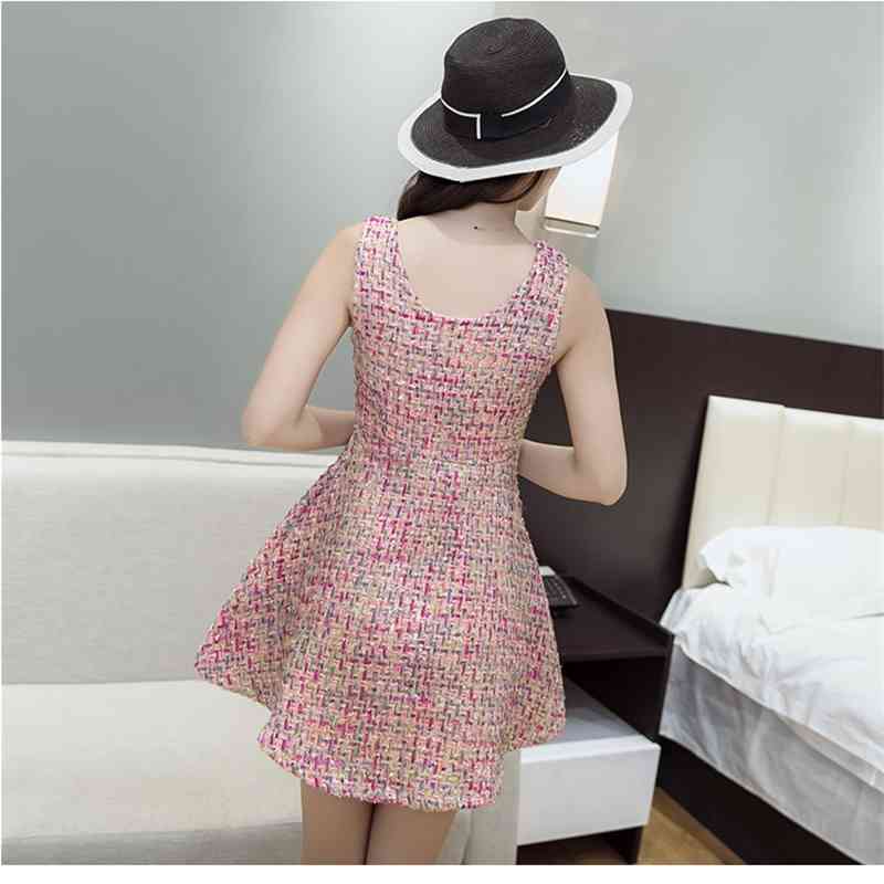 Autumn Runway Pink Tweed 2 Piece Dress Set Winter Women Half Sleeve Short Jacket Coat + Mini Tank Wool Suits 210520