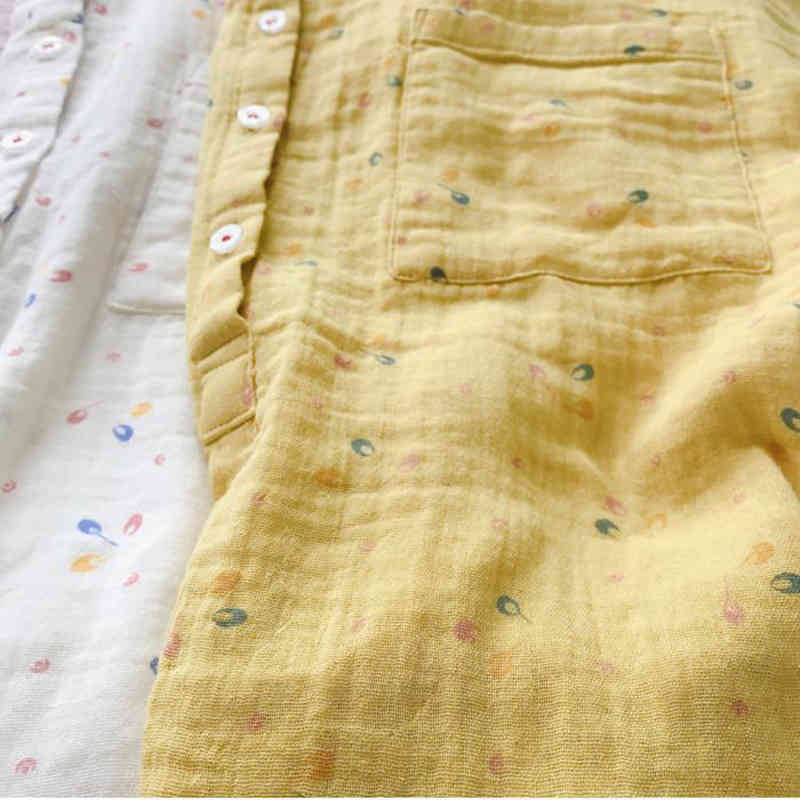 Summer Arts Style Women Short Sleeve Stand Collar Loose Shirts 100% Cotton Print Casual Blouse Tops Femme Blusas M79 210512