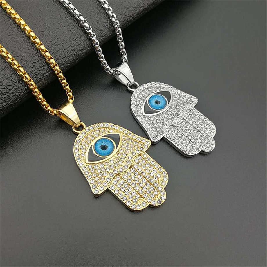 Turkish Hamsa Hand of Fatima Pendant Necklace Gold Stainless Steel Iced Out & Chain Hip Hop Women/Men Jewelry 210621