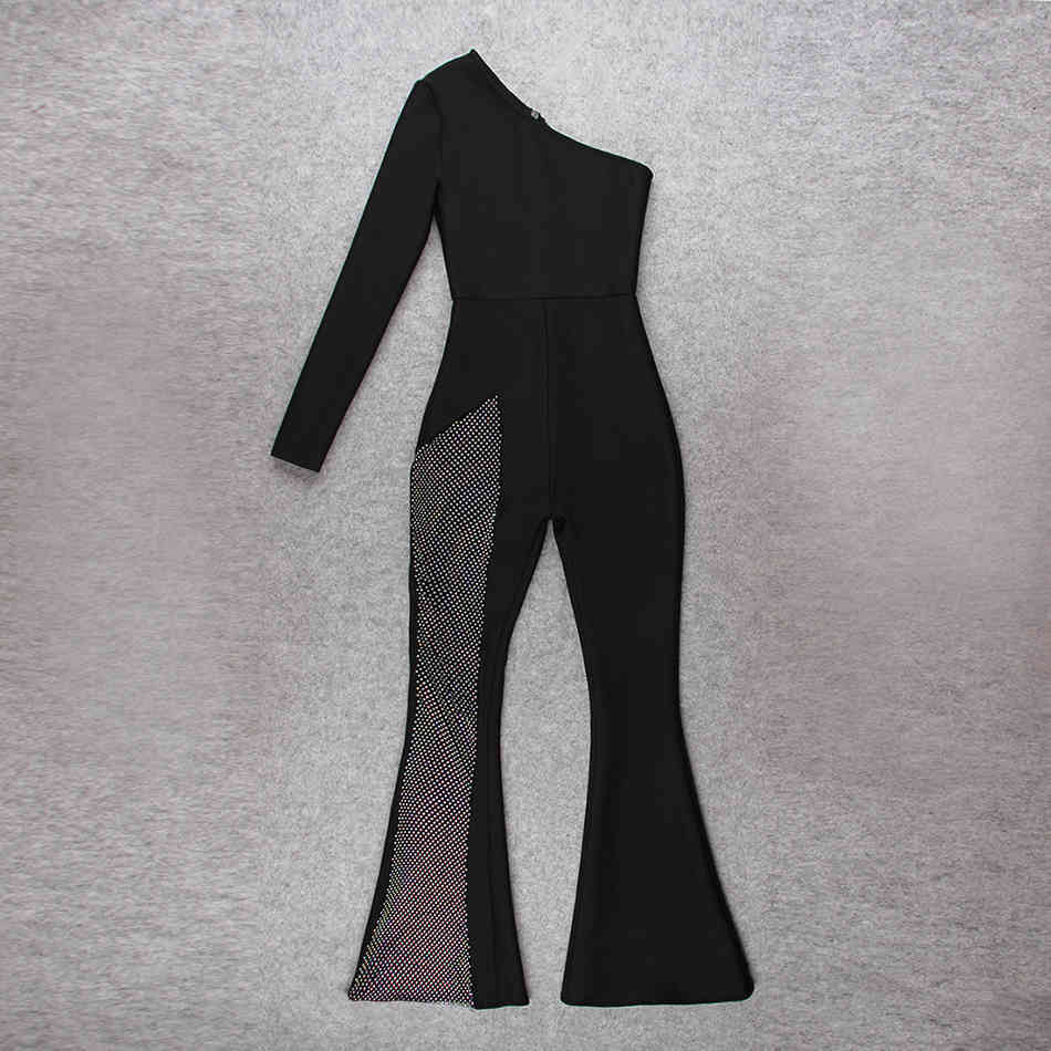 Black Women's One Shoulder Long Sleeve Bandage Jumpsuit Diamond Sexy Hollow Skinny Celebrity Party Vestidos 210525