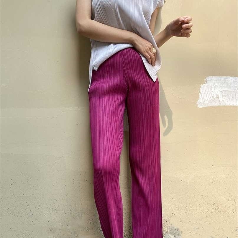 Miyake pleated pants women fall clothing color summer Korean high waist casual classic basic Ankle-Length straight 211115