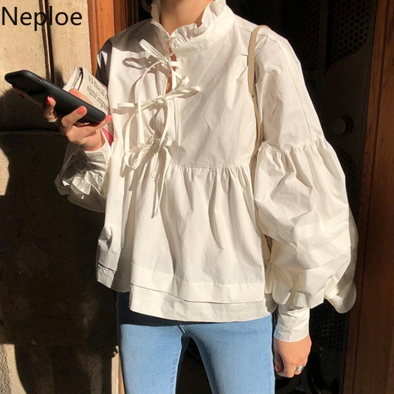 Neploe Women Blouses Loose Bandage Bowknot Tops Korean Vintage Sweet Blusas Mujer Lace Stand Neck Lantern Sleeve White Shirts 210422