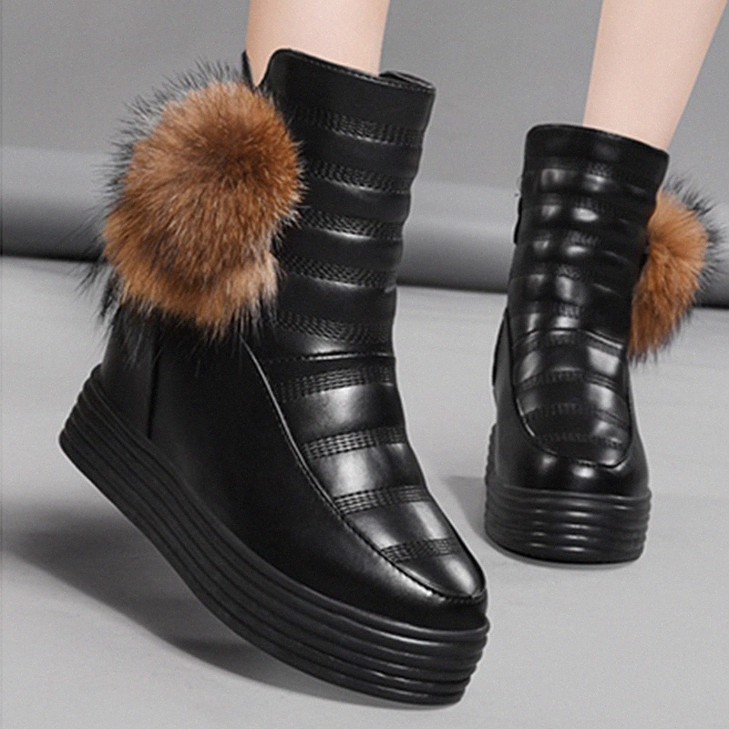 rimocy chunky hidden heels platform shoes women black waterproof leather thick fur ankle boots woman non slip zapatos de mujer v4di#