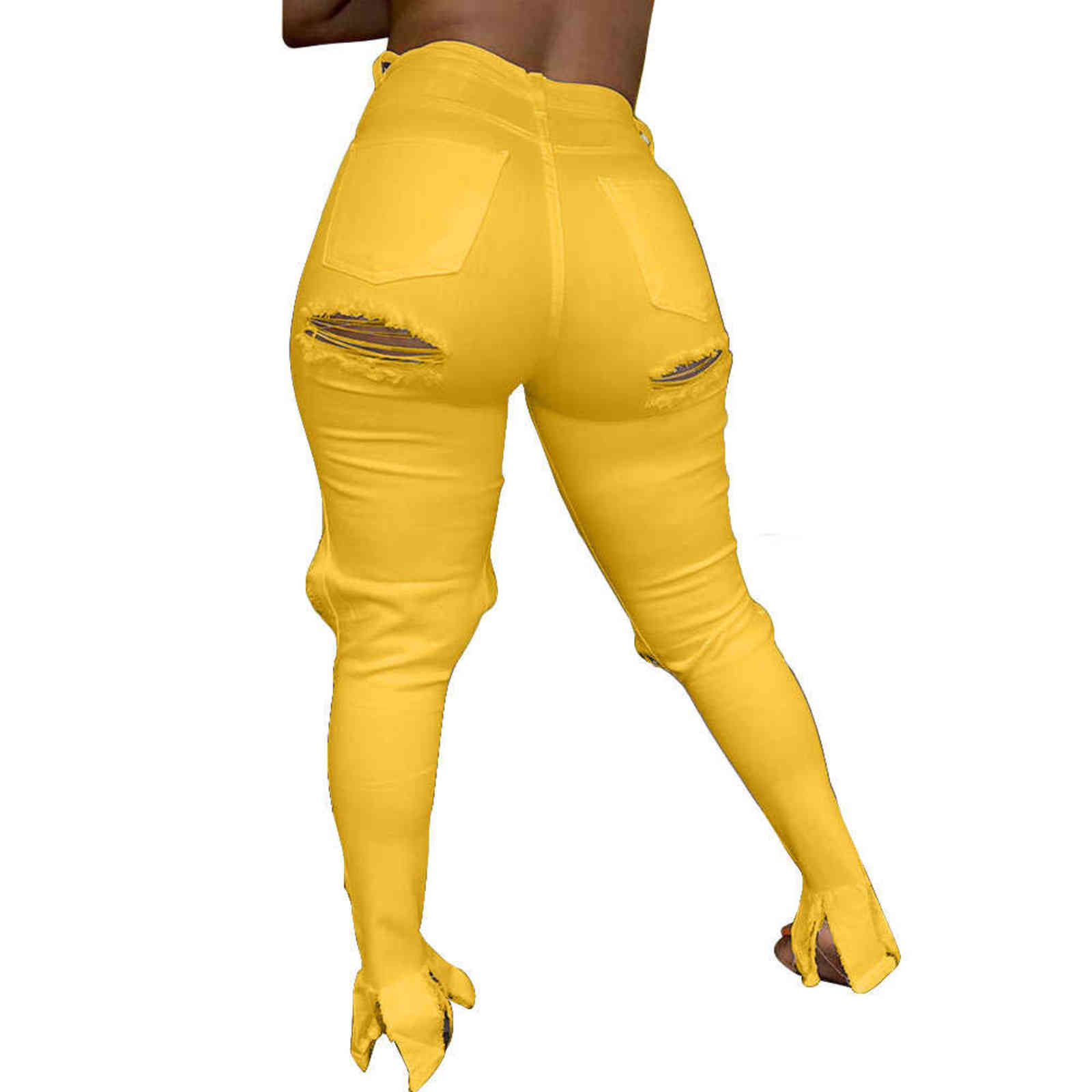 S-4XL Yellow Red Casual Skinny Ripped Jeans for Women Autumn High Waisted Plus Size Denim Pant Streetwear Elastic Hollow Trouser 211129