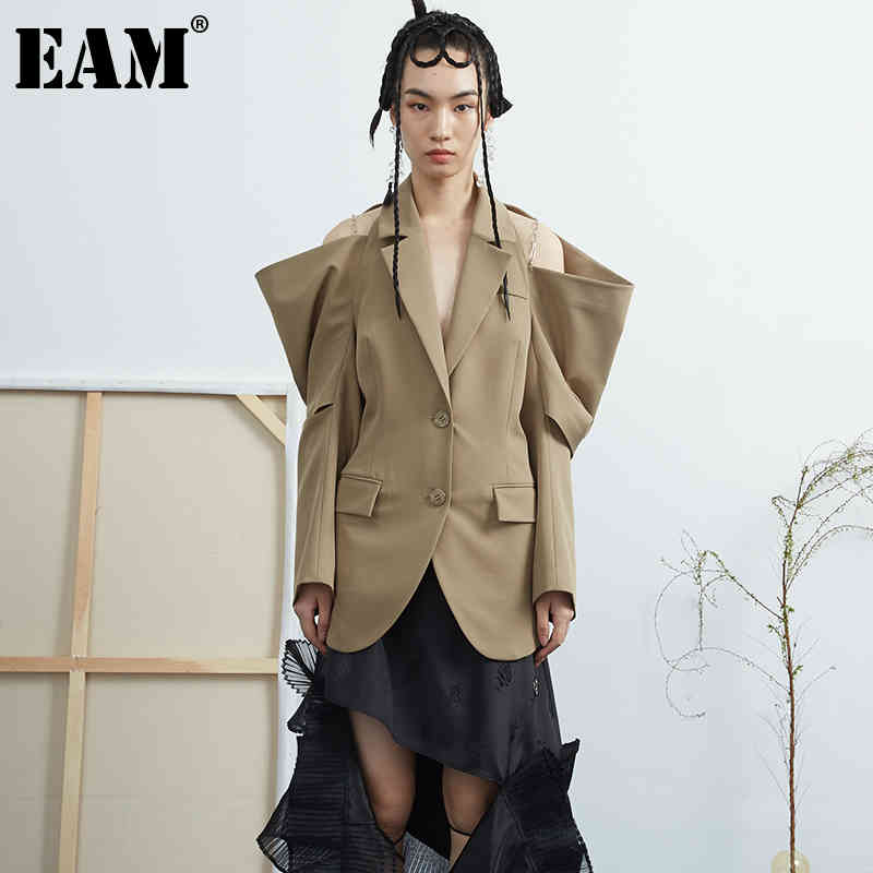 [EAM] Women Khaki Hollow Out Off Shoulder Blazer Lapel Long Sleeve Loose Fit Jacket Fashion Spring Autumn 1DD7058 21512