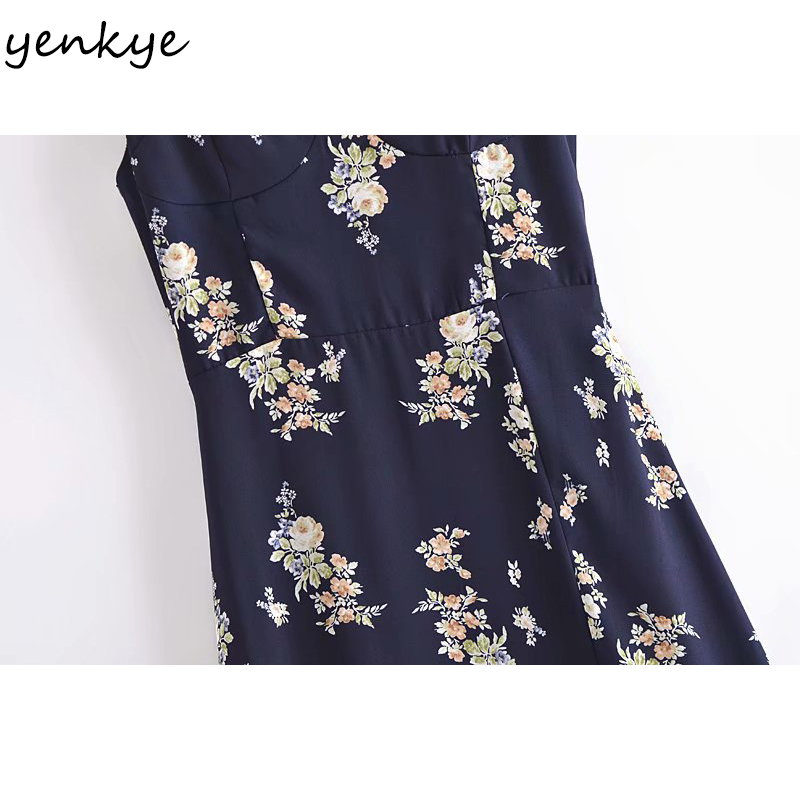 YENKYE Summer Women Vintage Floral Print Sexy Slits Dress Female V Neck A-line Midi Tank Chiffon Dress Prairie Chic Holiday Robe 210515