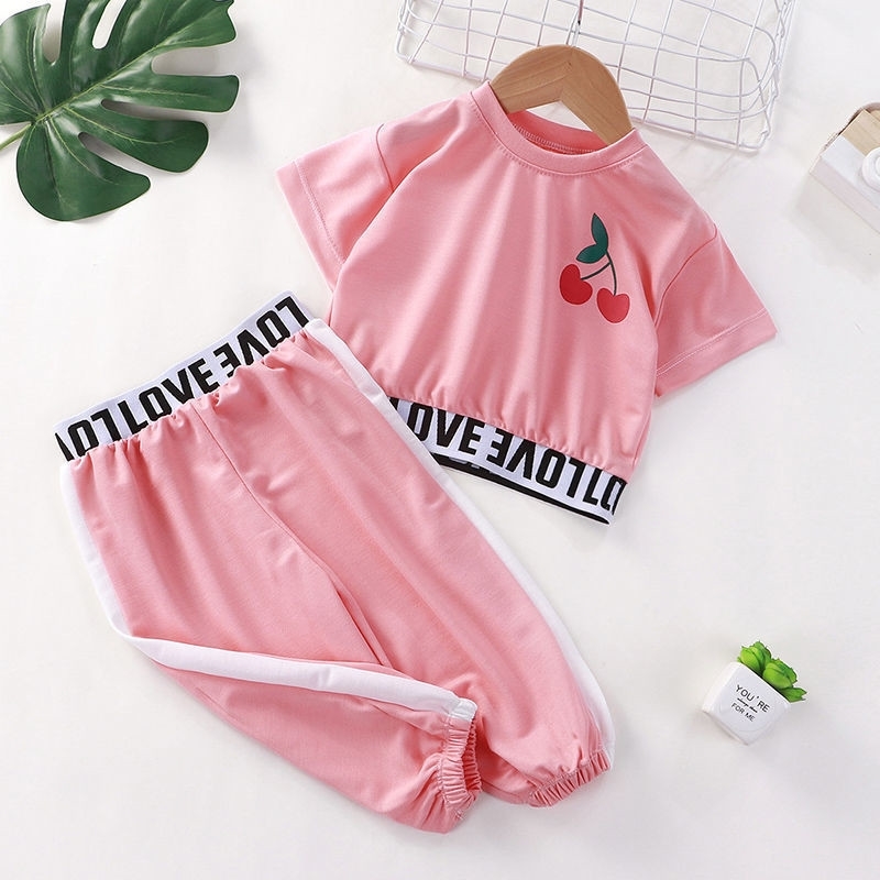 Baby Girl Clothes Set Children Casual Sportwear Summer Toddler Kids Birthday Gifts Cherry O-neck Top + Pants 2 Piece 210508