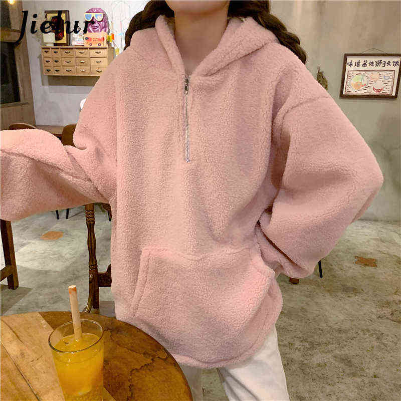 Jielur Lamb Cashmere Winter Women Hoodies Sweatshirt Fashion Warm Pockets Zipper Hooded Apricot Gray Pink Pullover M-XL 211109