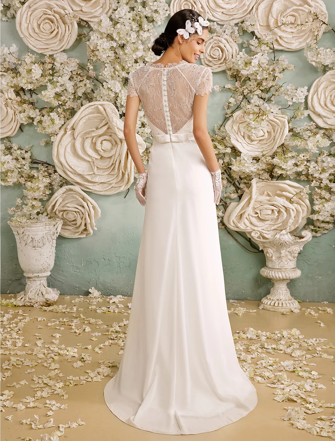 Wedding Dress 2022 Bridal Gown V Neck Sweep Train Chiffon Sheer Lace Short Sleeve Beads Casual Vintage See-Through Plus Size Vestido De Noiva Robe Mar
