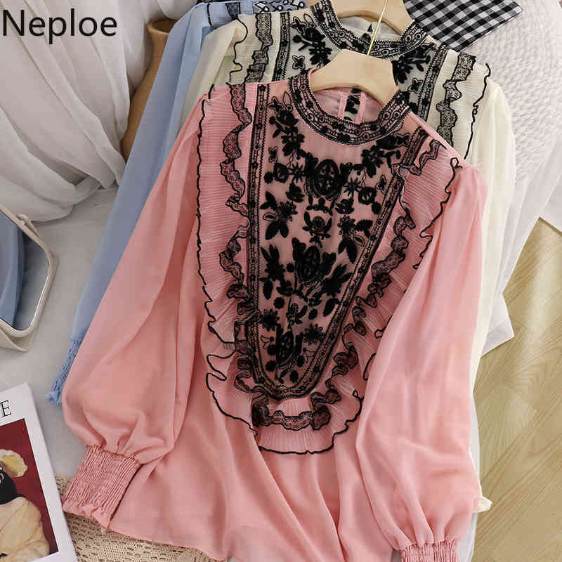 Neploe Lace Heavy Embroidery Blouses Women Spring Clothes Gauze Beading Shirts Stand Neck Patchwork Chiffon Blouse Tops 4H132 210422