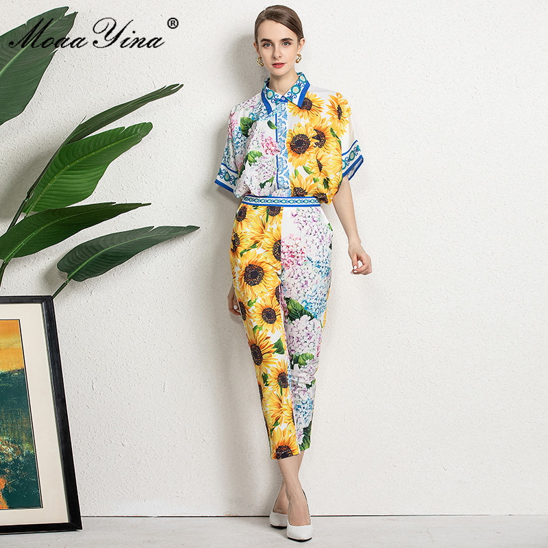 Runway Elegant Floral print Vintage Set Women's Summer Short sleeve Loose Blouses Tops and Pants Two-piece suit 210524