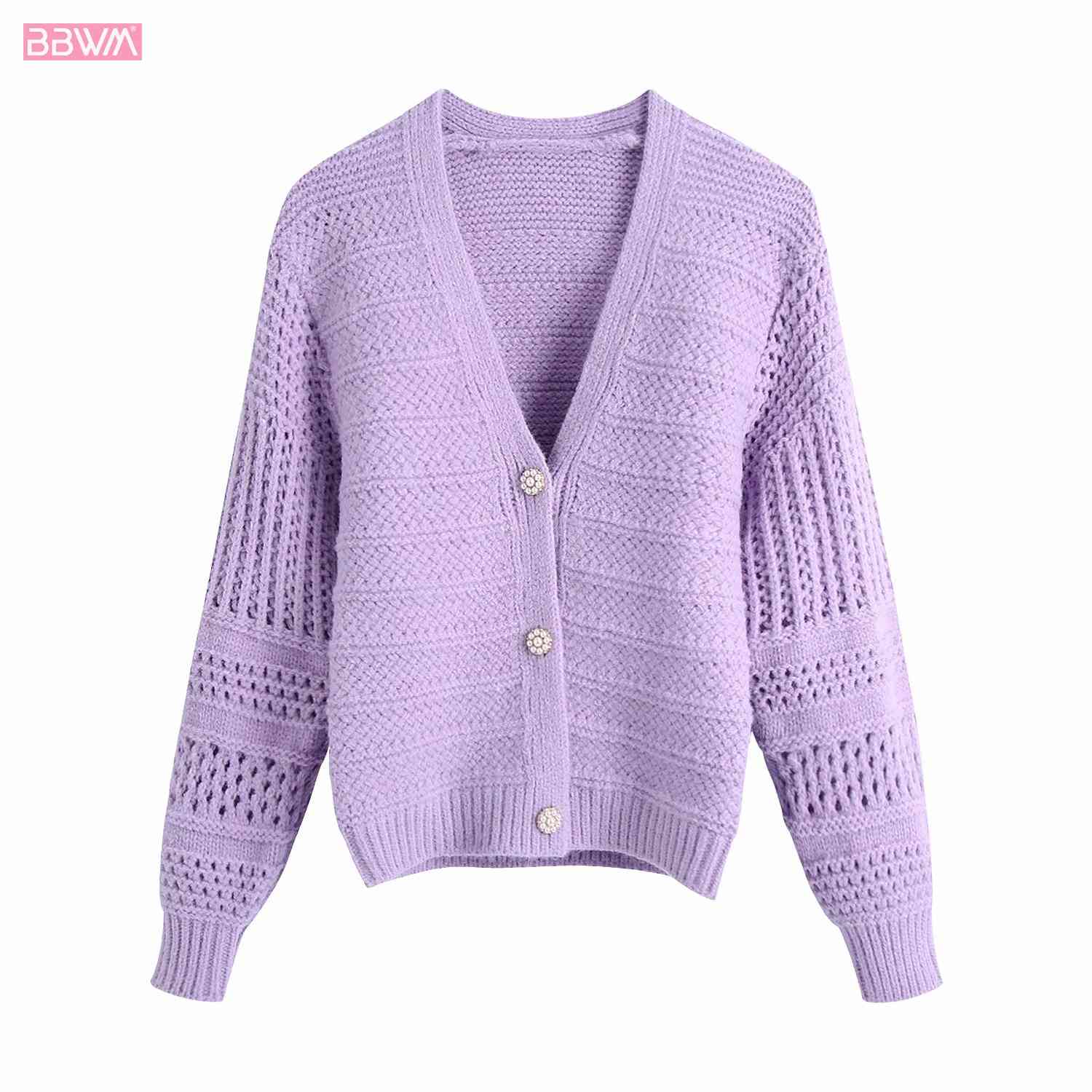 Long-sleeved V-neck Women Faux Pearl Breasted with Purple Knitted T-shirt Vintage Solid Color Loose Chic Female Tops 210507