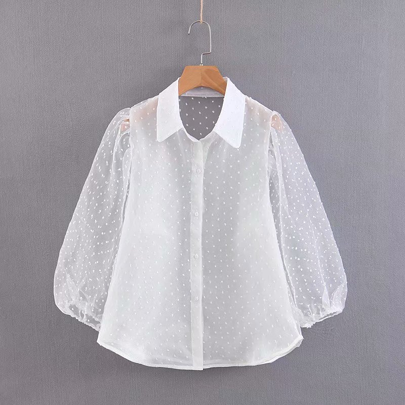 Women White Lace Blouses Dot Embroidery Blouse Shirt Sexy See Through Mesh Chic Tops Blusas Lantren Sleeve Loose 210508