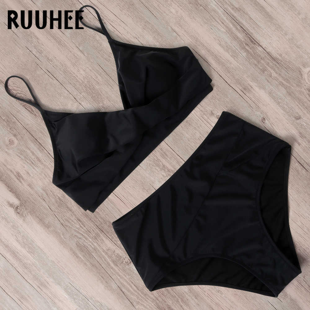 RUUHEE Swimsuit Woman High Waist Bikini Women Leopard Solid Bathing Suit Female with Pad Push Up Swimwear 210611