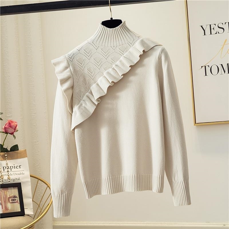 Nomikuma Half Turtleneck Women Sweater Autumn Winter Basic Knit Pullover Korean Sweet Ruffle Long Sleeve Puff Femme 6C356 210427