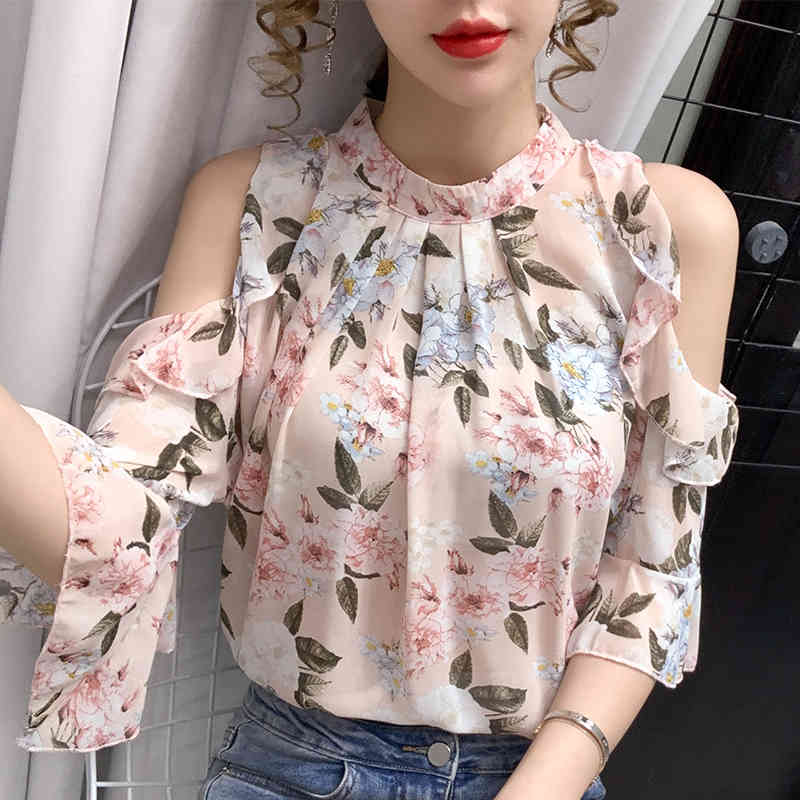 Summer Off-the-shoulder Chiffon Blouse Women Korean Floral Short Sleeve Shirts Elegant Printing Female Clothing 13708 210508