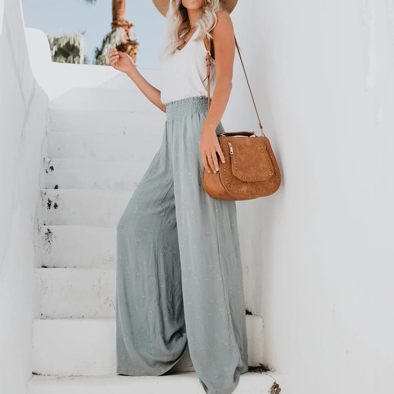 Women Pants Temperament High Waist Loose Casual Wide Leg Elastic Waisted Long Trousers Spring Summer 210513