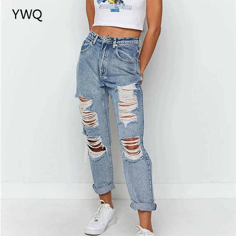 Streetwear Women Baggy Jeans Ripped For High Waist Cargo Pants Fashion Vintage Hole Mom Denim Trousers 210922