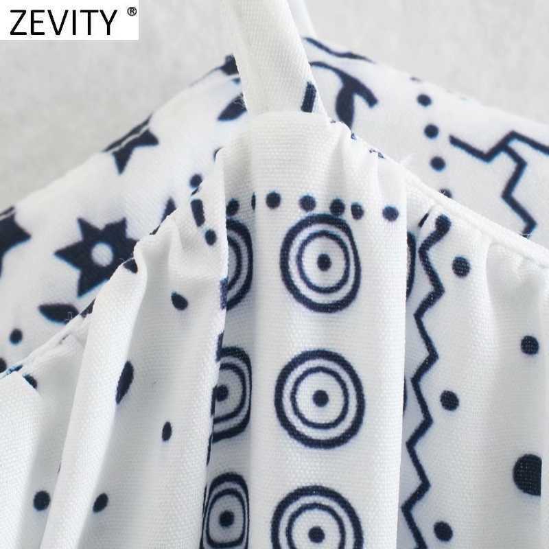Zevity Women Fashion Geometric Patchwork Print Sling Blouse Female Off Shoulder Casual Smock Shirts Chic Blusas Tops LS9231 210603