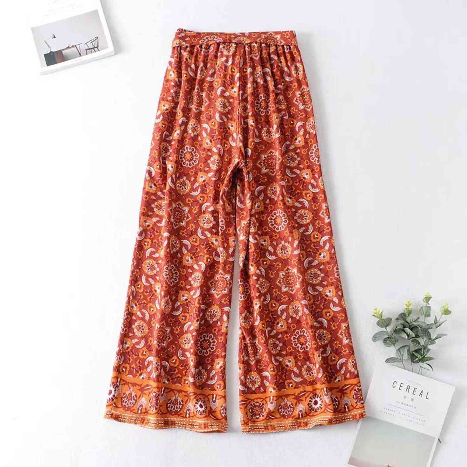 Bohemian Orange Totem Flower print Wide Leg Pants Ethnic Woman Holiday Elastic Waist Bow Full length Trousers Femme Casual 211115