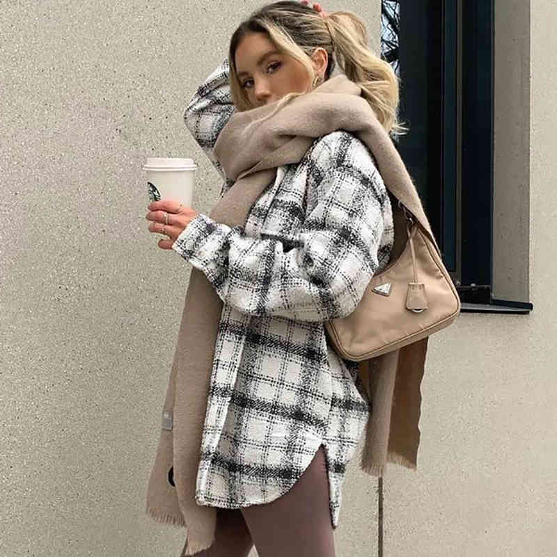 Vintage Women Loose Tweed Jackets Spring-Autumn Fashion Ladies Patchwork Oversize Coats Casual Female Plaid Outerwear 210430