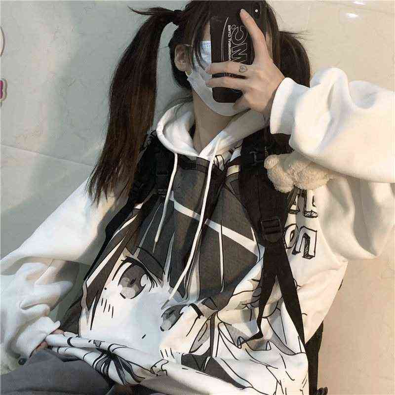 QWEEK Anime Sweatshirt with Print Spring Women Japanese Harajuku Manga Kawaii Cute Hoodies Streetwear Women White Tops 211108