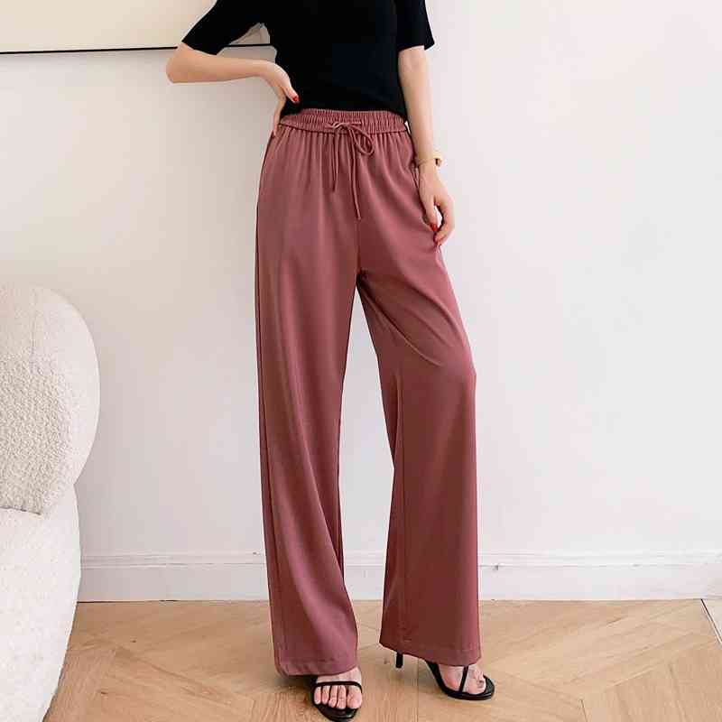 Women Satin Cotton High Waist Wide Leg Pants Spring Summer Solid Casual Loose Female Floor-Length Ladies Trousers 210514
