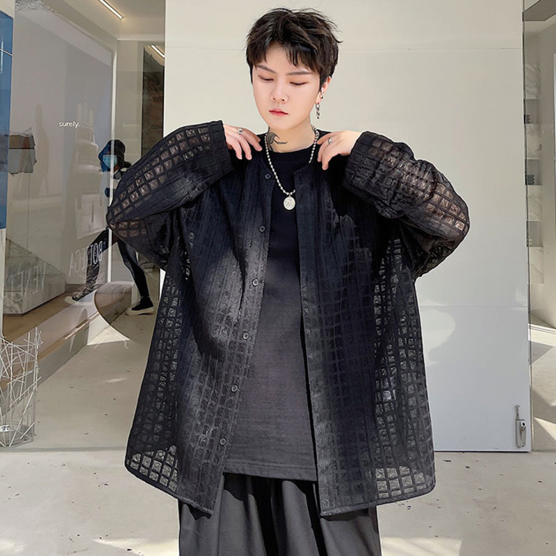 IEFB Summer Solid Color Plaid Mesh Round Neck Loose Men's Long Sleeve Sunscreen Shirt O-neck Casual Oversized Tops 9Y7517 210524