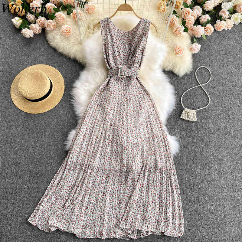 Chiffon Maxi Dress Women Vintage Temperament O Neck Slim Vestidos Floral Korean Pleated Elegant Dresses with Belt 4j410 210519