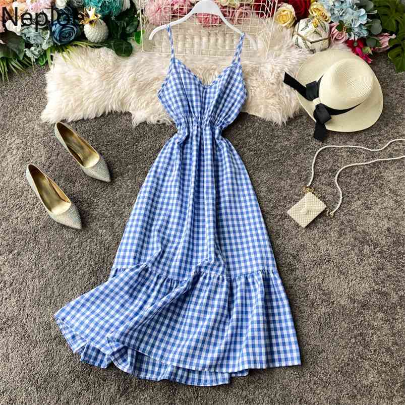 Neploe High Waist Hip Plaid A Line Vestido Holiday Beach Elegant Ruffles Sleeveless Camis Dress V Neck Summer Ropa 1A872 210623