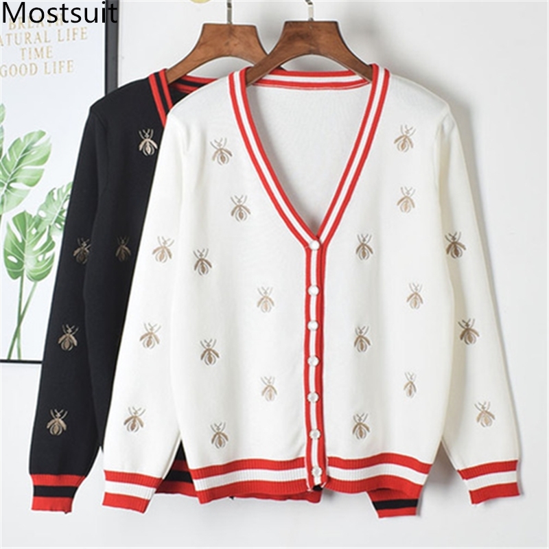 Spring Autumn Knitted Bees Embroidered Cardigan Sweater Women Long Sleeve V-neck Fashion Korean Ladies Tops Sweaters White Black 210514