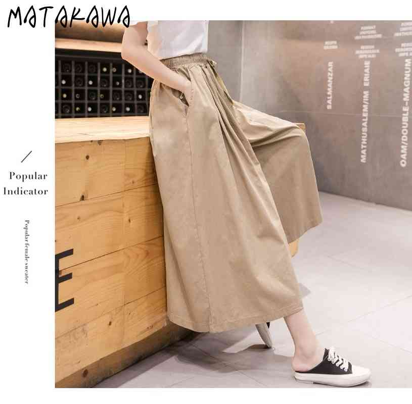 MATAKAWA Elastic Waist Loose Nine-point Wide-leg Pants Women's Culottes Summer Mid-length High-waist Lace-up Fashion Pantskirt 210513